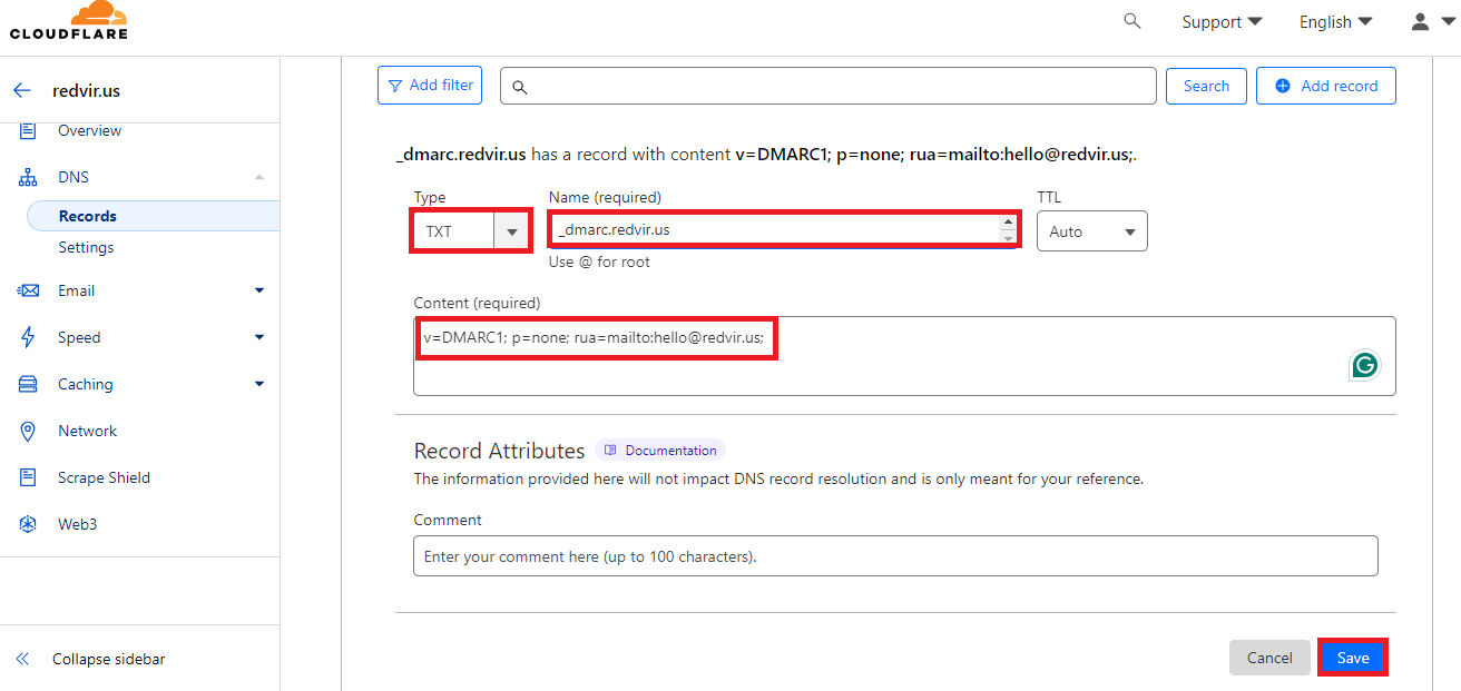 DMARC records adding in Cloudflare