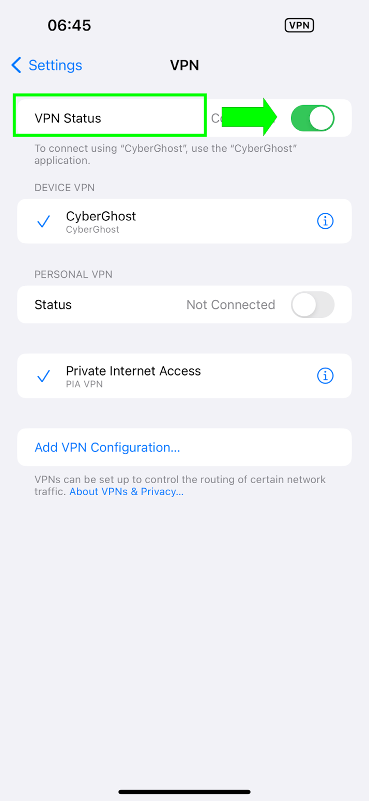 A screenshot of iOS VPN settings with the connect button highlighted.