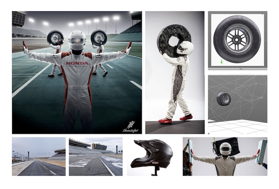 Tiled images demonstrating CGI enhancement process to advertising photo of racecar driver in full helmet and red and white racing suit, with two pit crew carrying tires in background across track, by Atlanta-based conceptual photographer John Fulton.