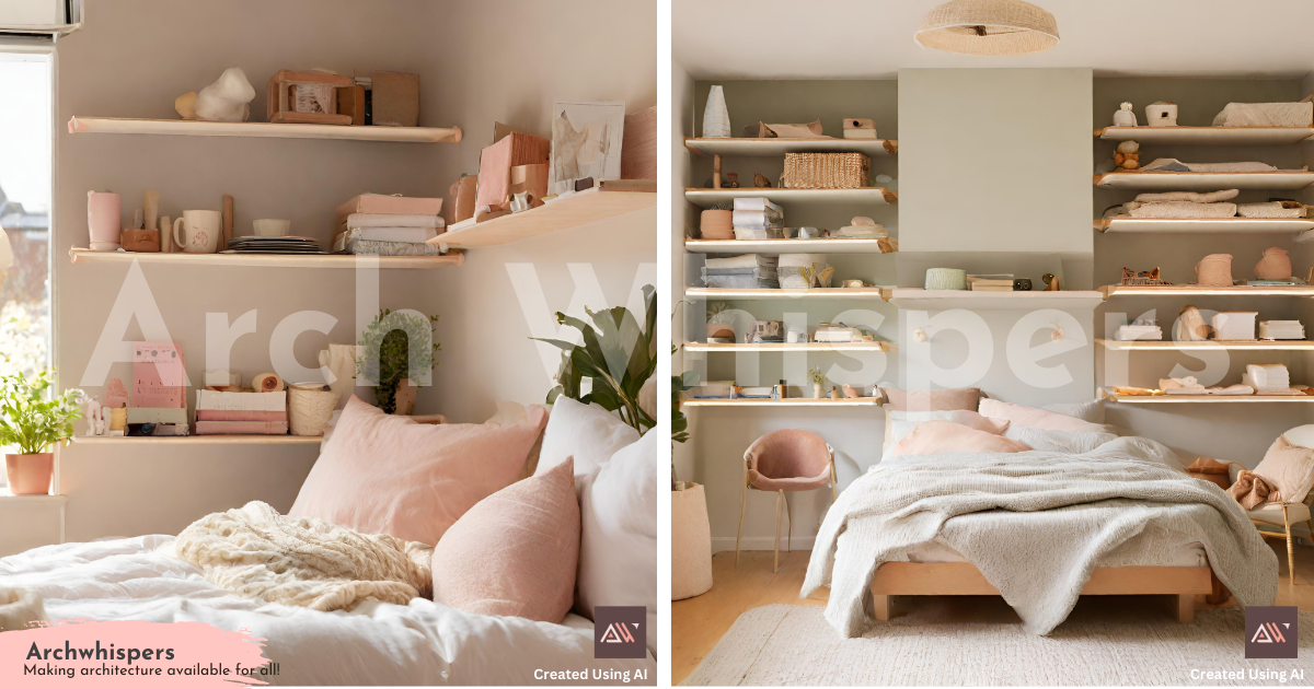 Bedroom With Wooden Fold-Down Shelves and Bed