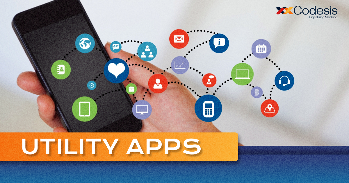 an image of a person using utility apps with mobile phone in hand and utility app icons and logo emerging from it 