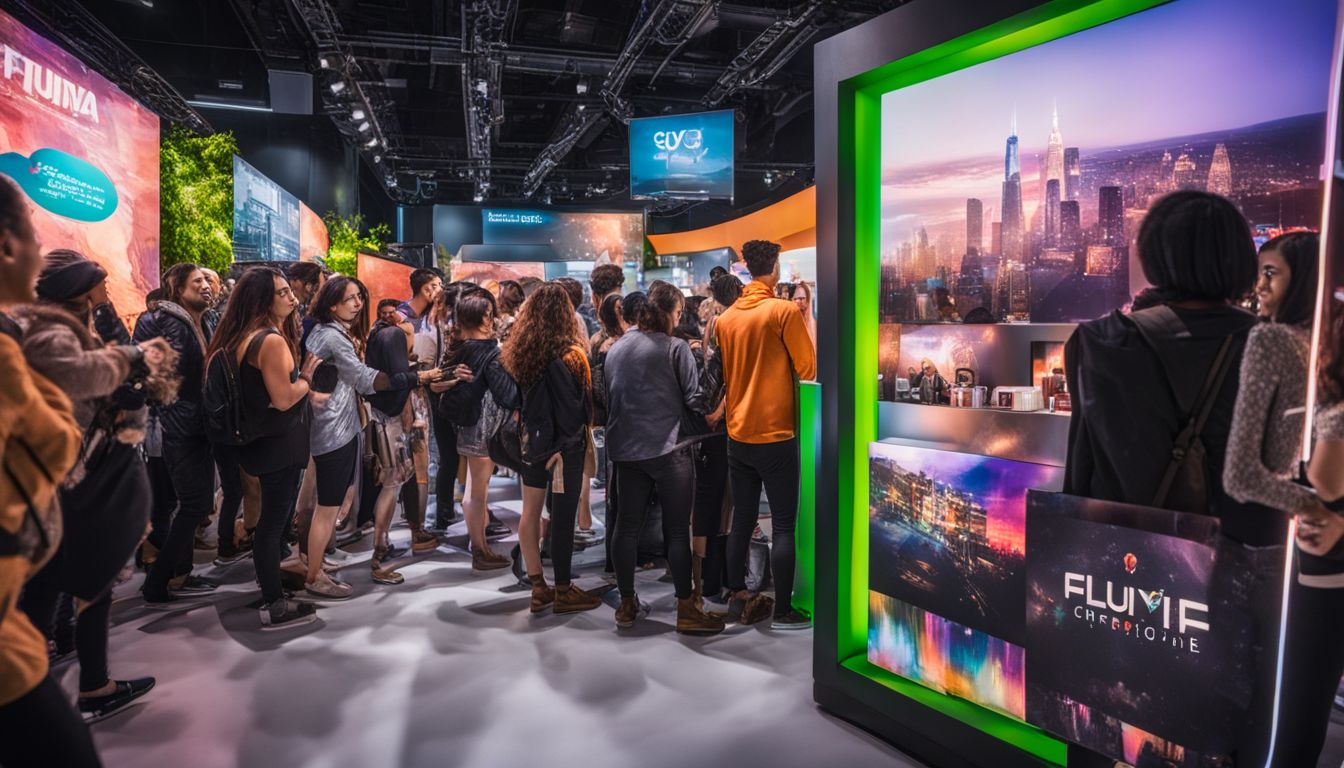 A diverse crowd gathered around an interactive booth in a vibrant setting.