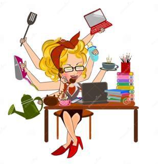 A cartoon of a person at a desk with many hands Description automatically generated