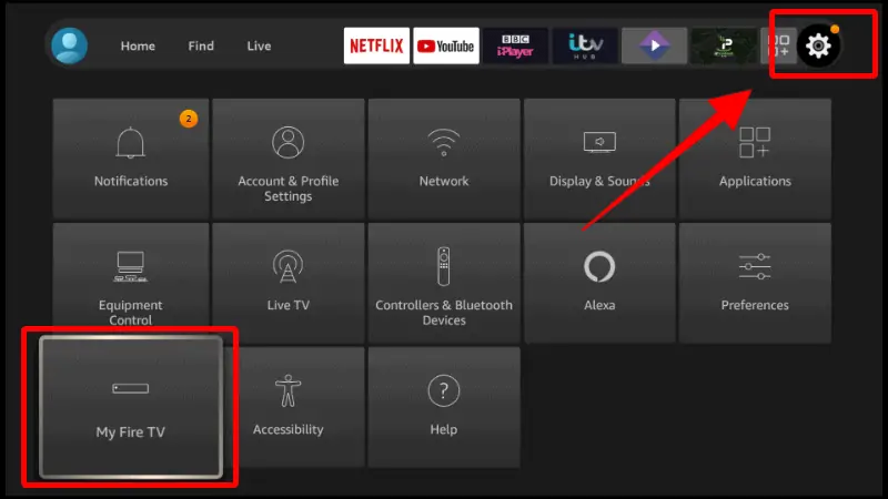 Captura de pantalla de los ajustes de Mi Fire TV en la pantalla de inicio de Amazon Firestick