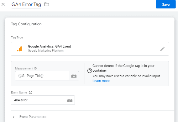 Save the GA4 tag for 404 error in GTM