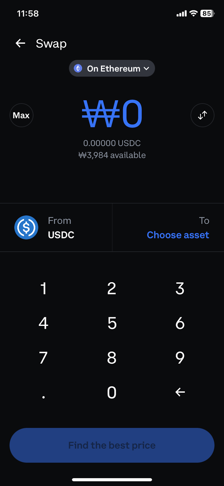 The Swap page on Coinbase Wallet for buying RENQ
