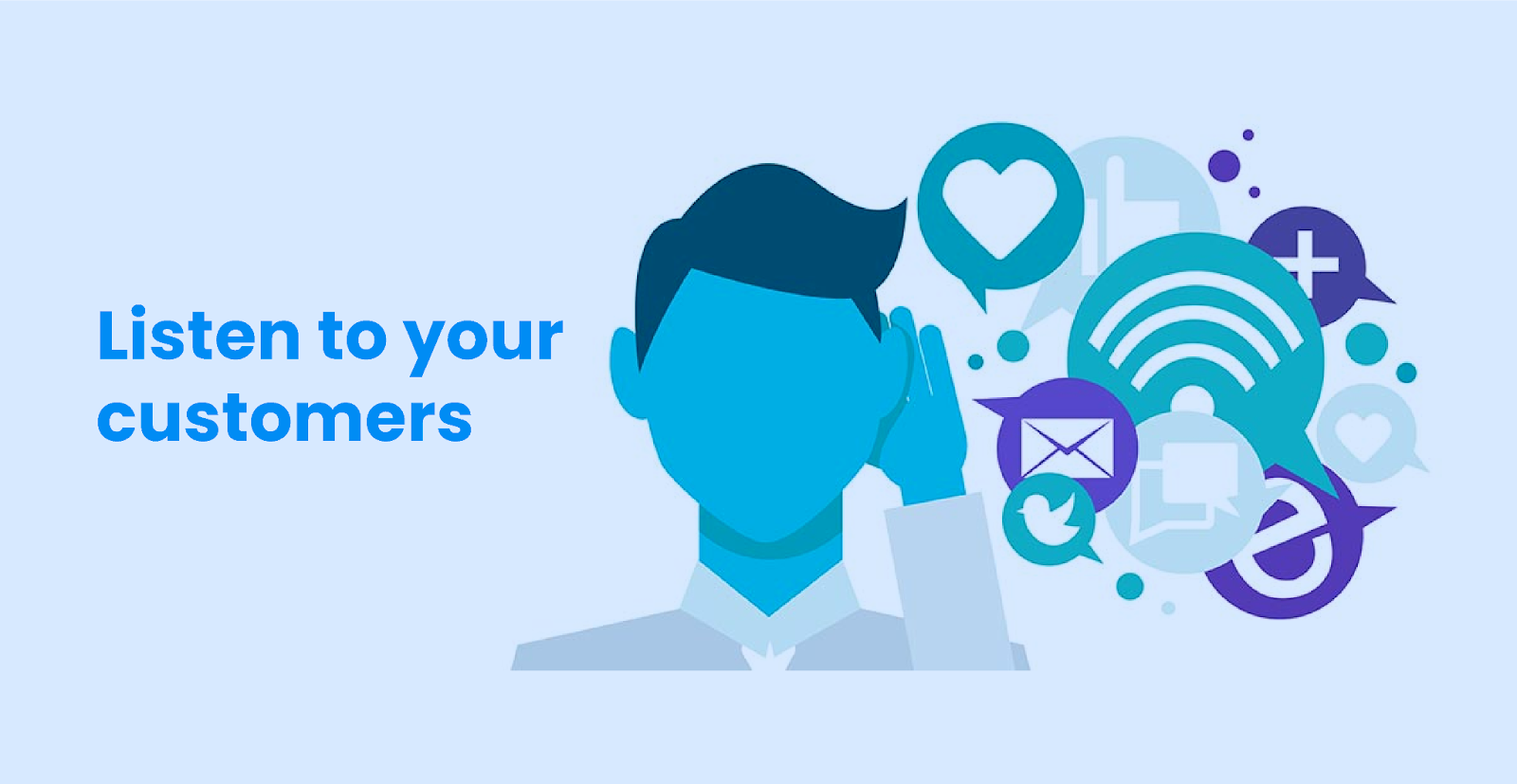 Listen to your customers | A text image of: "Listen to your customers" with an animated man placing one hand on his ear, listening to his customer's concerns online
