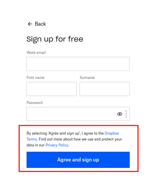 screenshot of sign in for Dropbox