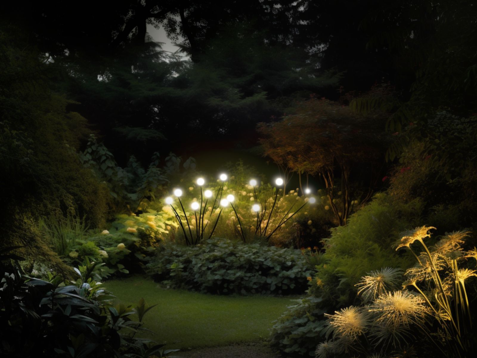 Dragonfly lights illuminating bushes in a garden