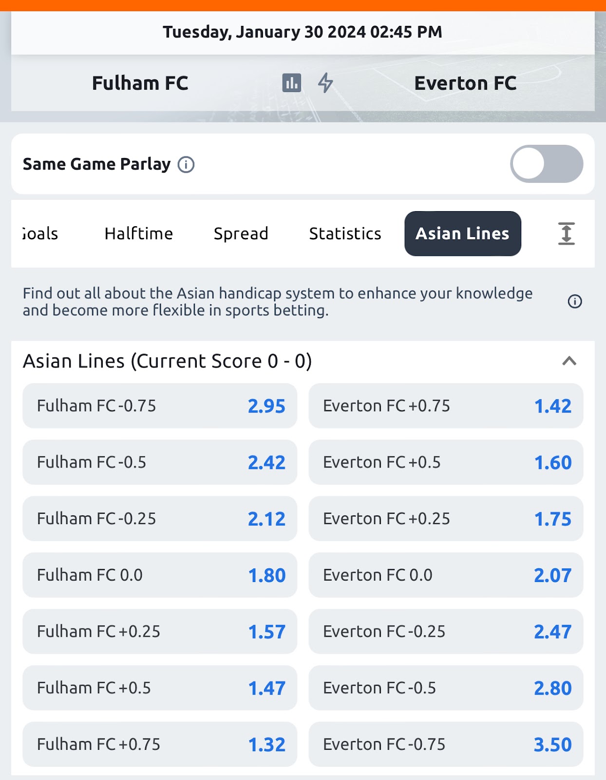 Fulham vs Everton Asian handicap at Betano