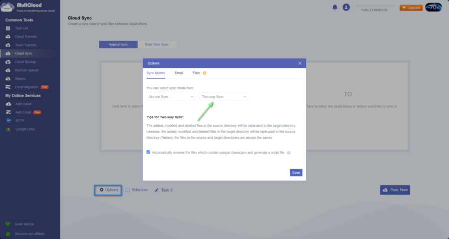 choose your google drive sftp sync type in multcloud