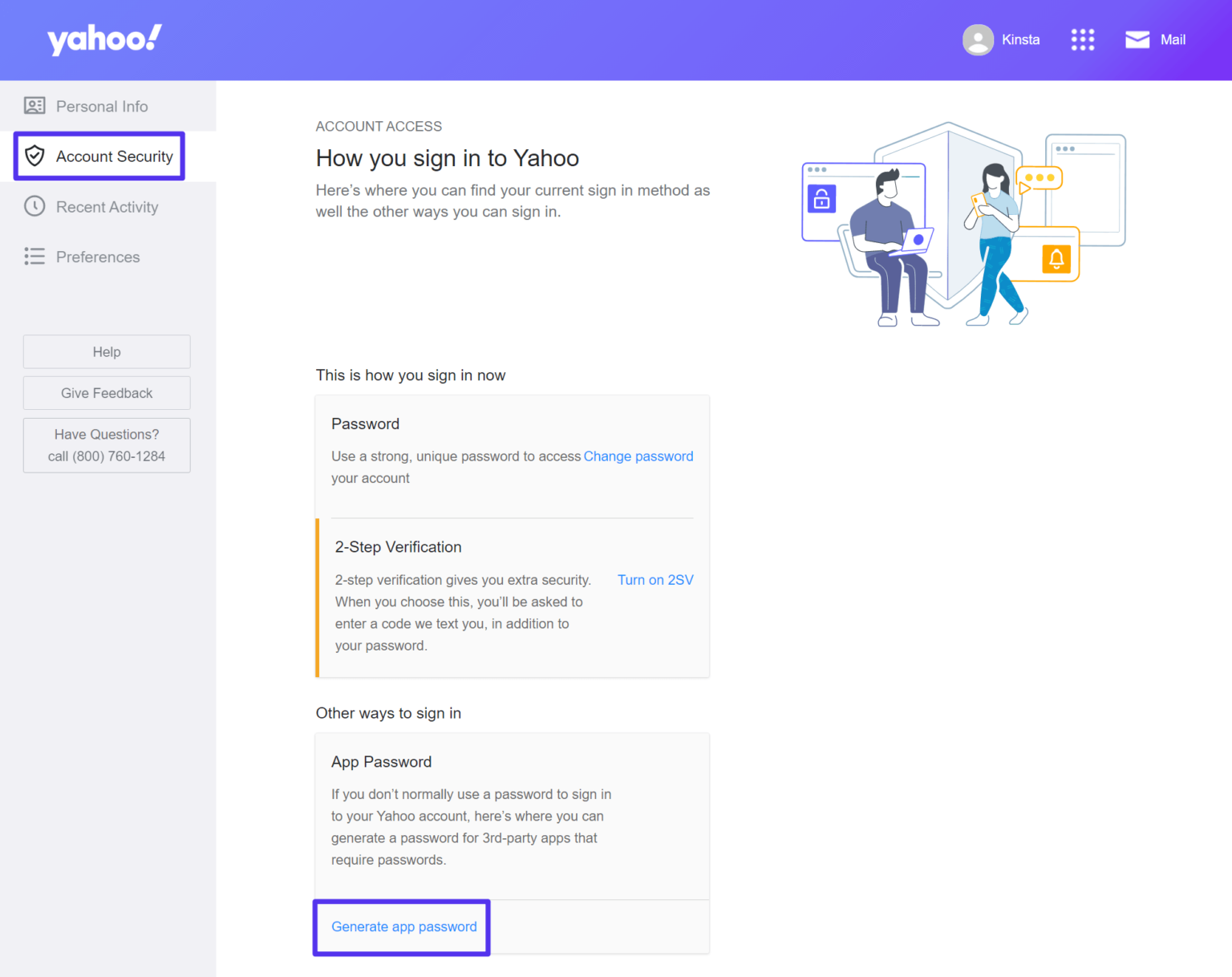To Create App-Specific Password in Yahoo: Navigate to Account Security Settings