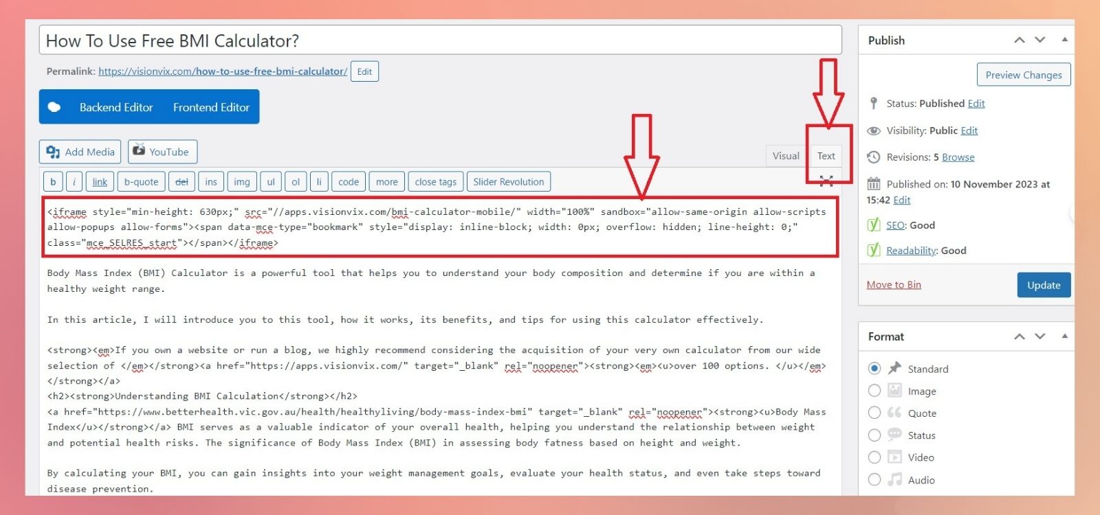 image showing a step by step guide how to embed the html code from the widget calculator into your WordPress blog post