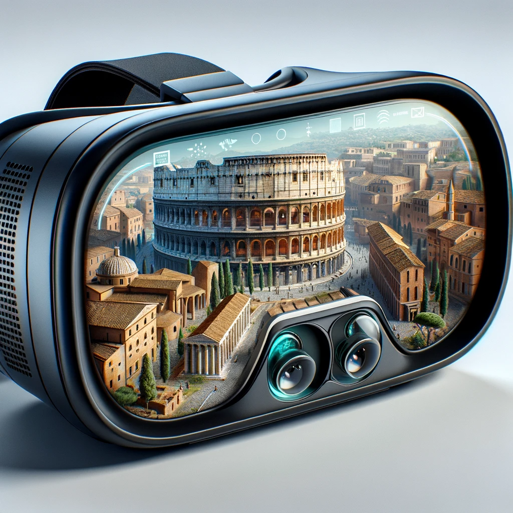 The image of a virtual reality (VR) headset displaying a virtual representation of ancient Rome is ready. The headset's screen shows an immersive virtual environment of Rome, highlighting its iconic architecture.