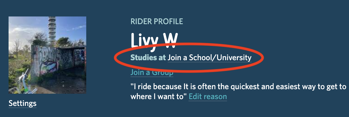A screenshot highlighting the 'join a school/university' link on a user profile