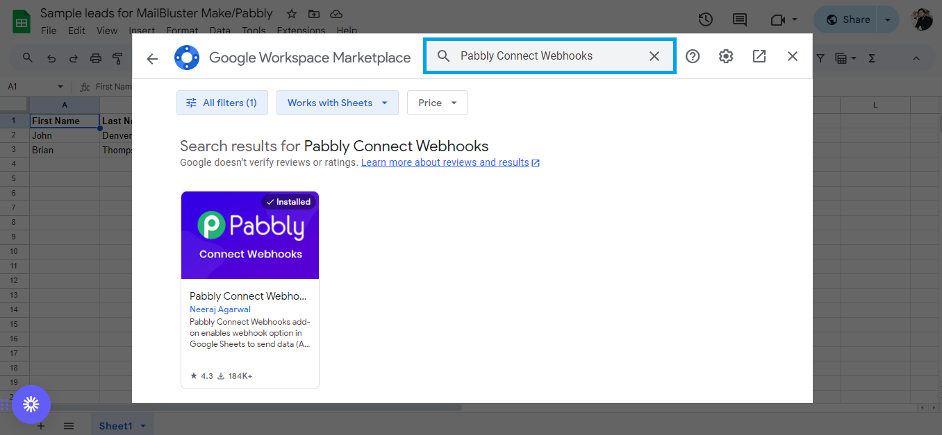 Searching for Pabbly Connect Webhooks add-on on Google Sheet
