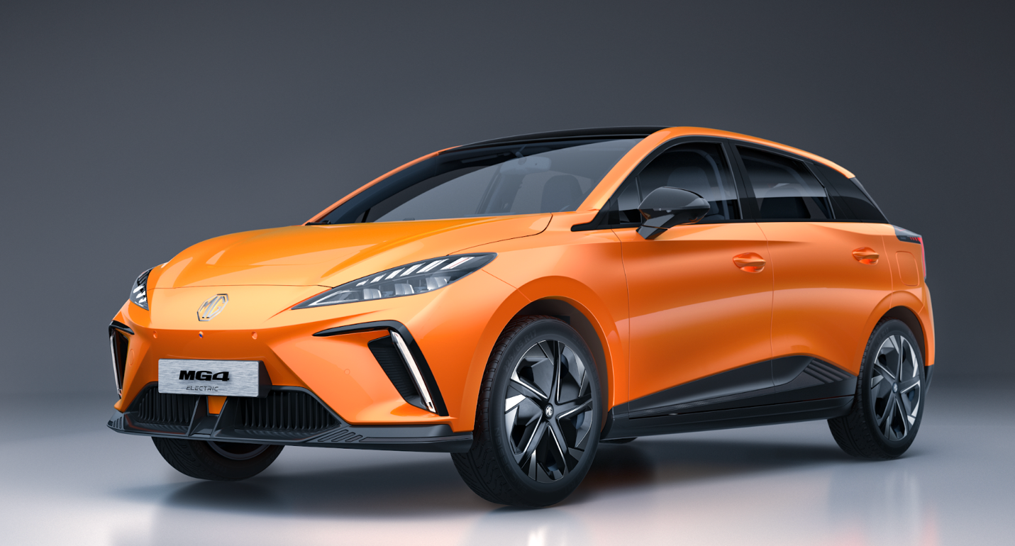 A orange car with black trim

Description automatically generated