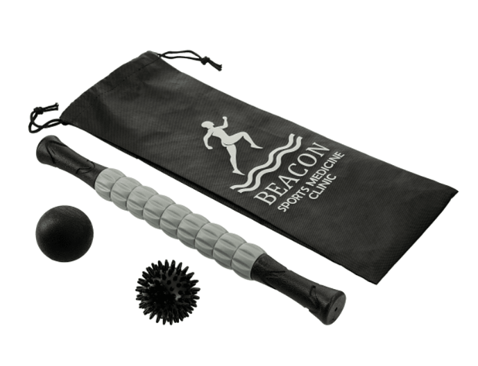 Screenshot of a massage roller, two massage balls, and a bag. 