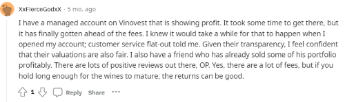 A Reddit post from an investor stating that their Vinovest portfolio is showing a profit but that it took time, as stated upfront by customer service. 