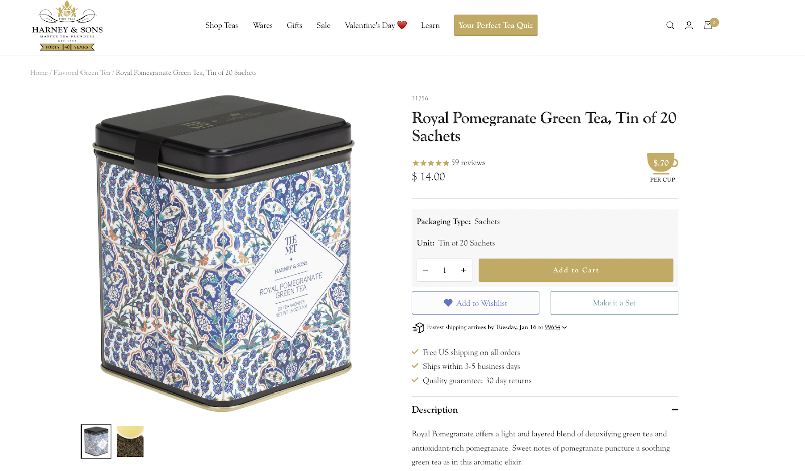 Harney and sons Royal pomegranate Green tea, tin of 20 sachets - ecommerce screenshot