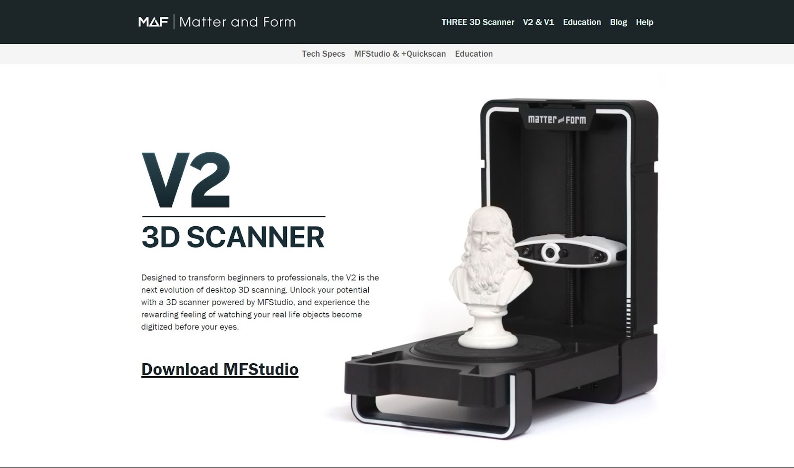 screenshot of Matter & Form 3D Scanner V2 website