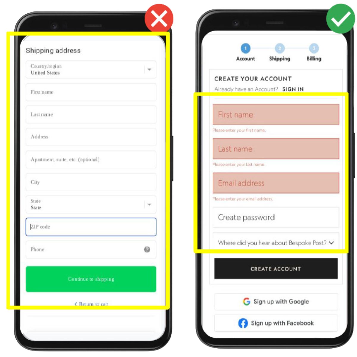 Example of in-line error validation on mobile