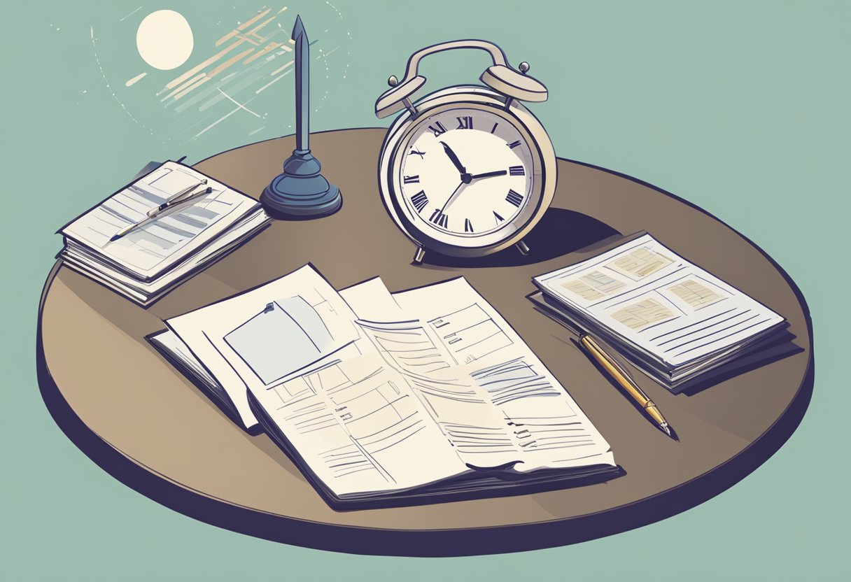 A table with paperwork and a pen, a clock showing a short timeline, and a handshake symbolizing negotiation and agreement