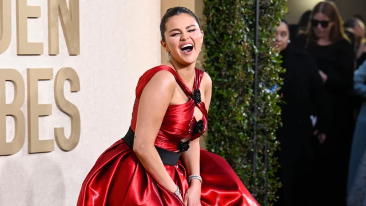 Selena Gomez Stuns in a Red Criss-Cross Dress at The 2024 Golden Globe ...