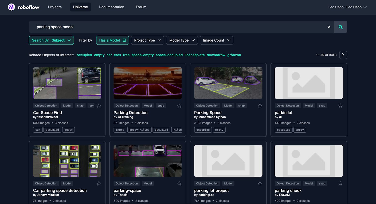 A screenshot of a search for a parking space detection model on Roboflow Universe