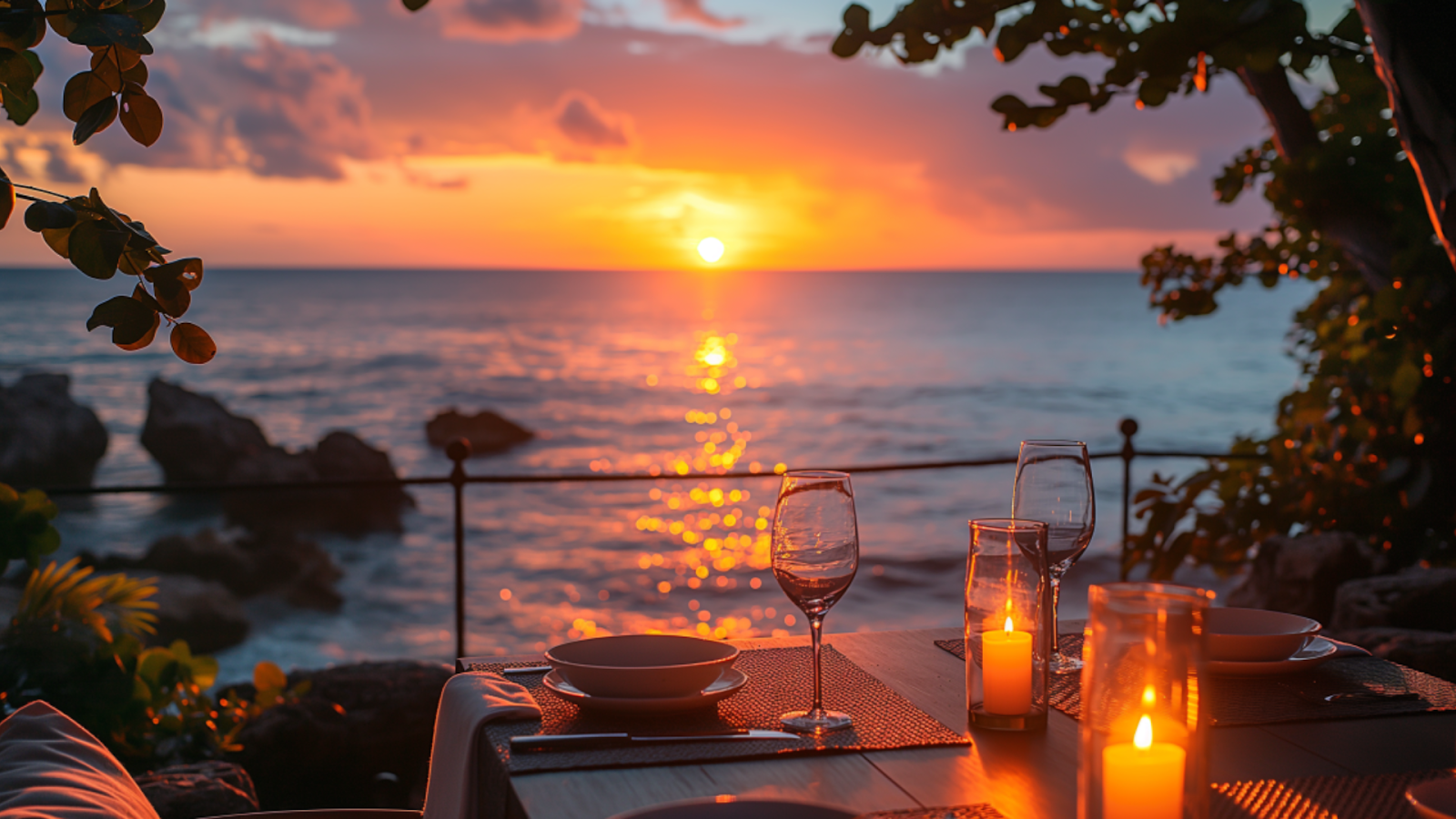 An elegant outdoor dining setup in Playa del Carmen, with ocean views at sunset.
