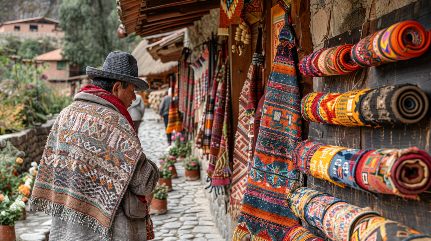 Local artisan in Aguas Calientes market showcasing vibrant traditional Andean textiles and handicrafts.
