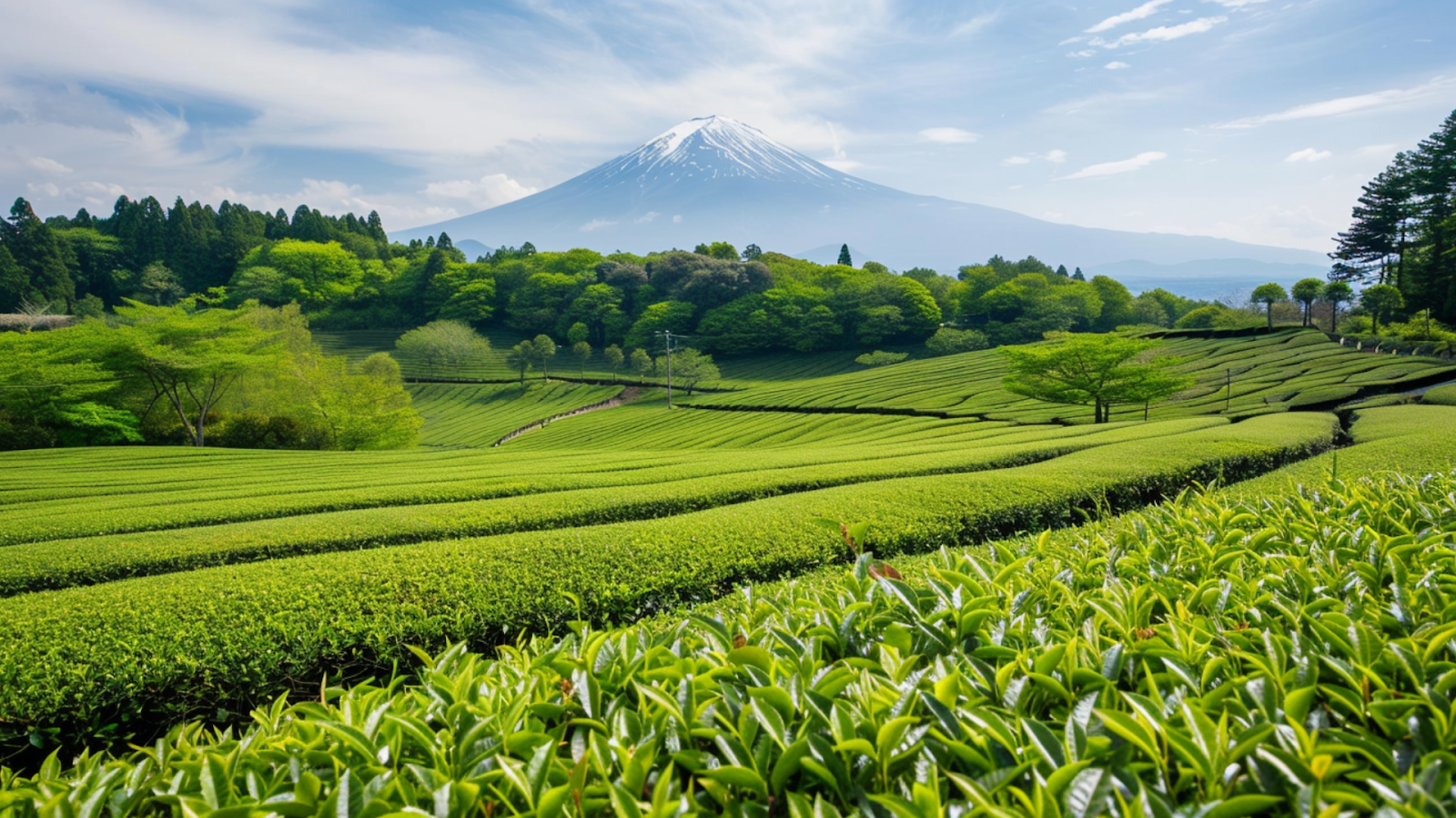 Green tea plantations near Osaka, Japan with Mount Fuji in the background