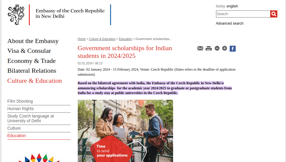 International Scholarships: Czech Republic to provide Government Scholarships for Indian students in 2024-2025