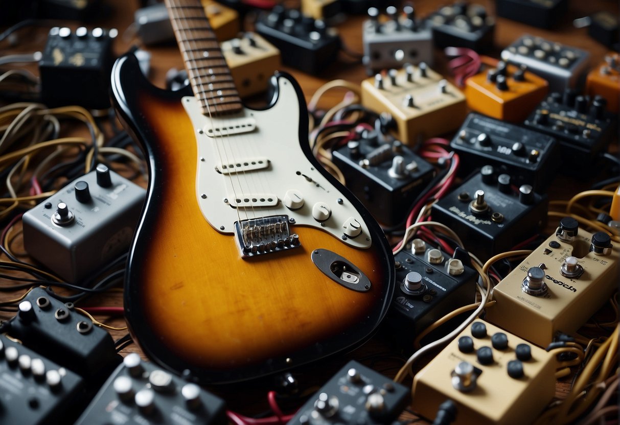 Guitar pedals clutter the floor, emitting a cacophony of sound. Wires snake through the mess, connecting the pedals to an amplifier