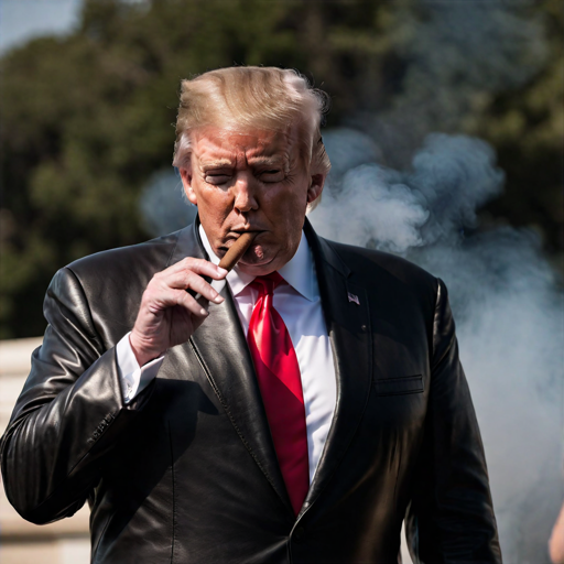 Donald Trump from chest up sporting black leather blazer smoking a cigar