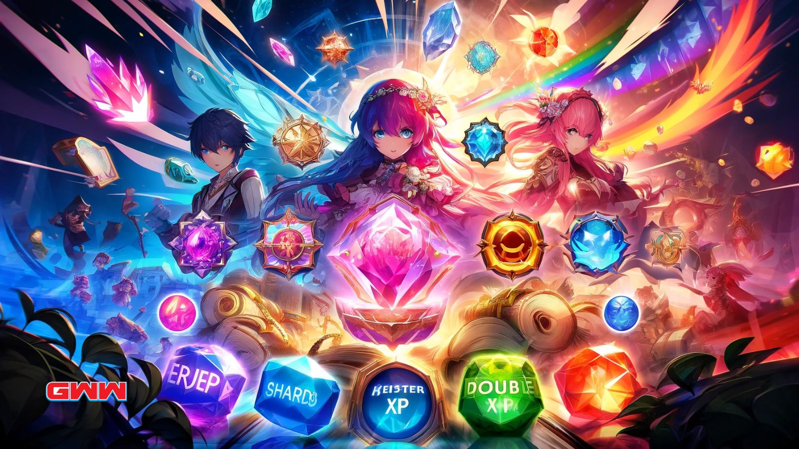 A collage showing different types of rewards and boosts you can get with anime spirits codes