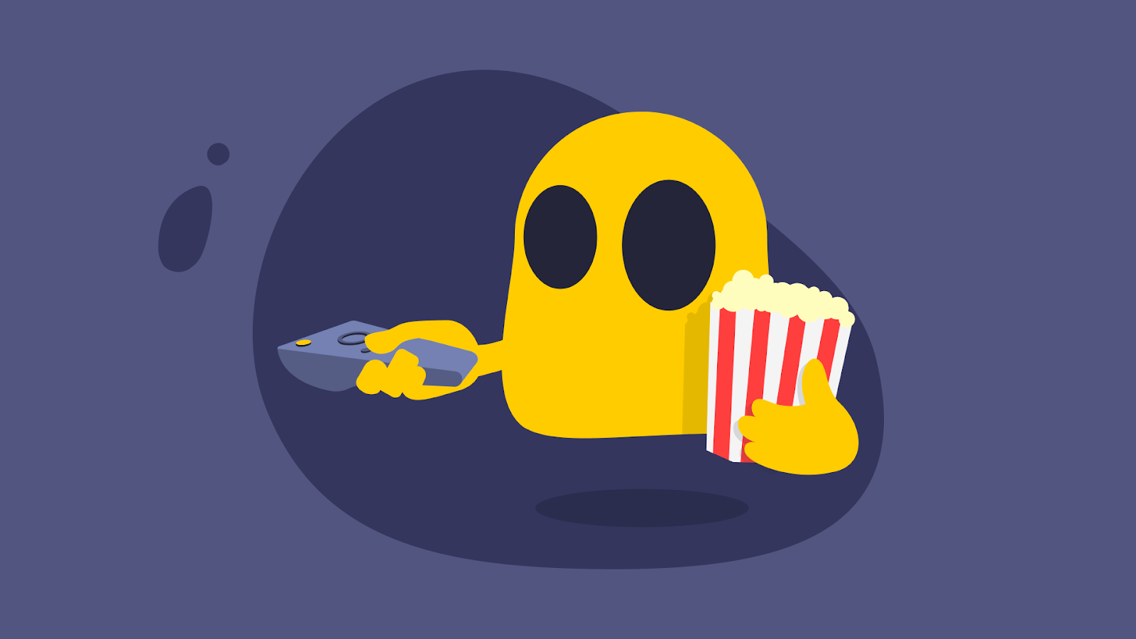Ghostie holds a bucket of popcorn with his left hand, while he presses the remote control with his right hand.