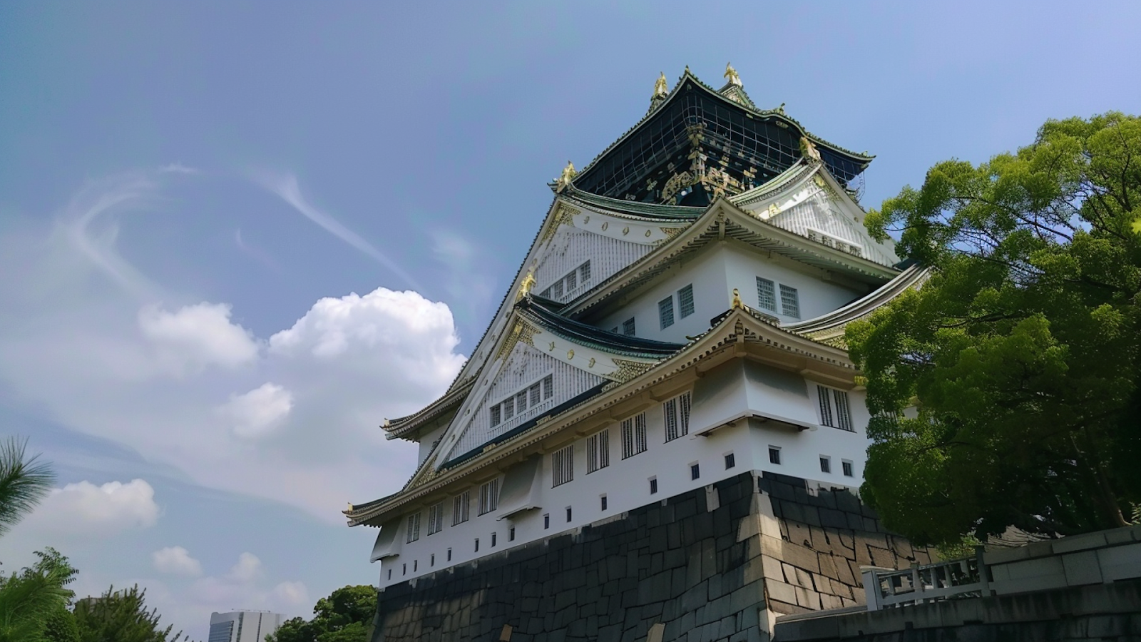 Low-angle shot of the Osaka Castle taken during summer in Japan