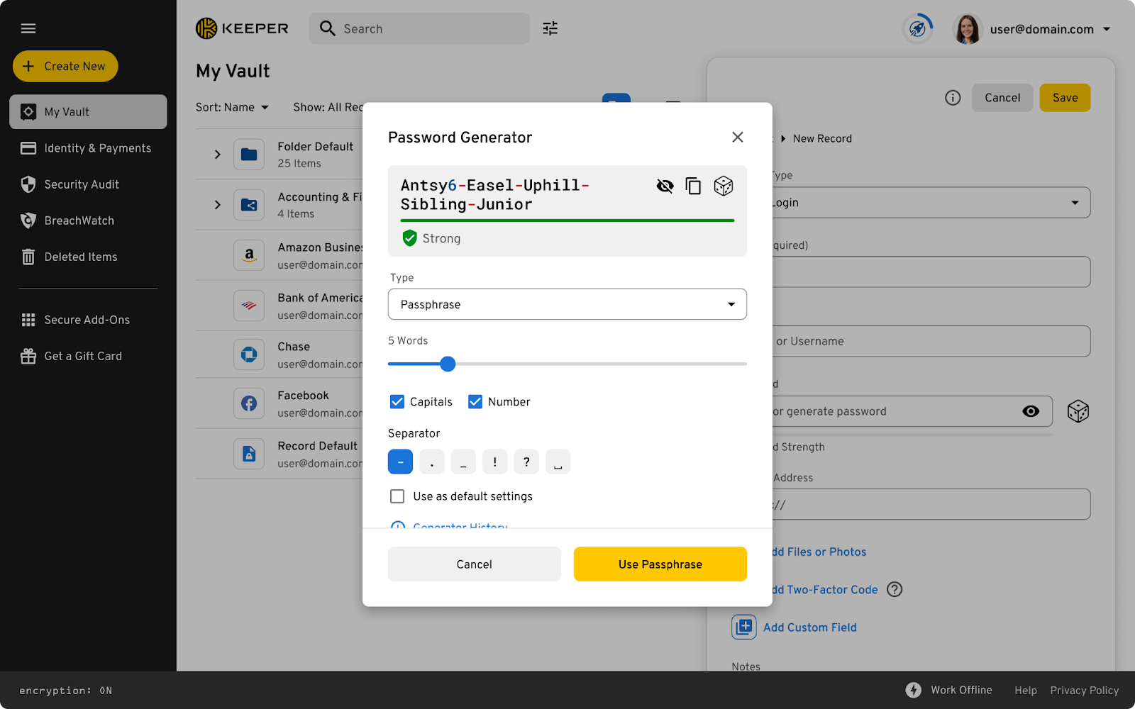 Image showing Keeper's Passphrase Generator and the customizable options.