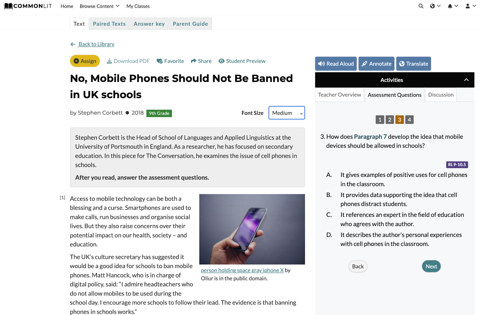 Screenshot of an argumentative article for students  “No, Mobile Phones Should Not be Banned in UK Schools”