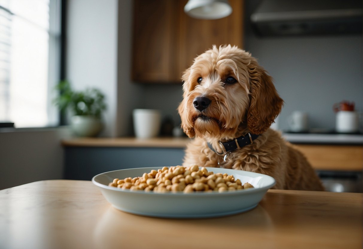 A Goldendoodle sits in front of a full food bowl, turning away and showing disinterest. The dog looks hesitant and uninterested in eating