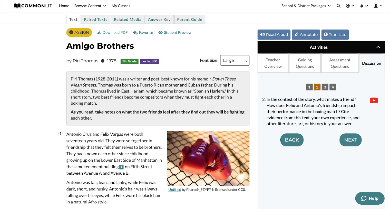 CommonLit lesson for “Amigo Brothers” with the Discussion tab highlighted.