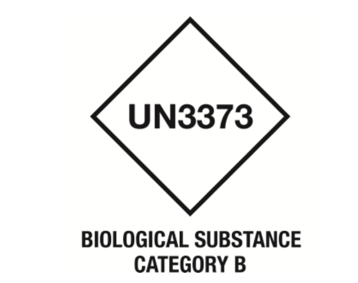 A black and white, or blue and white, diamond shaped label with “UN3373” inside of the diamond and “Biological Substance Category B” underneath.