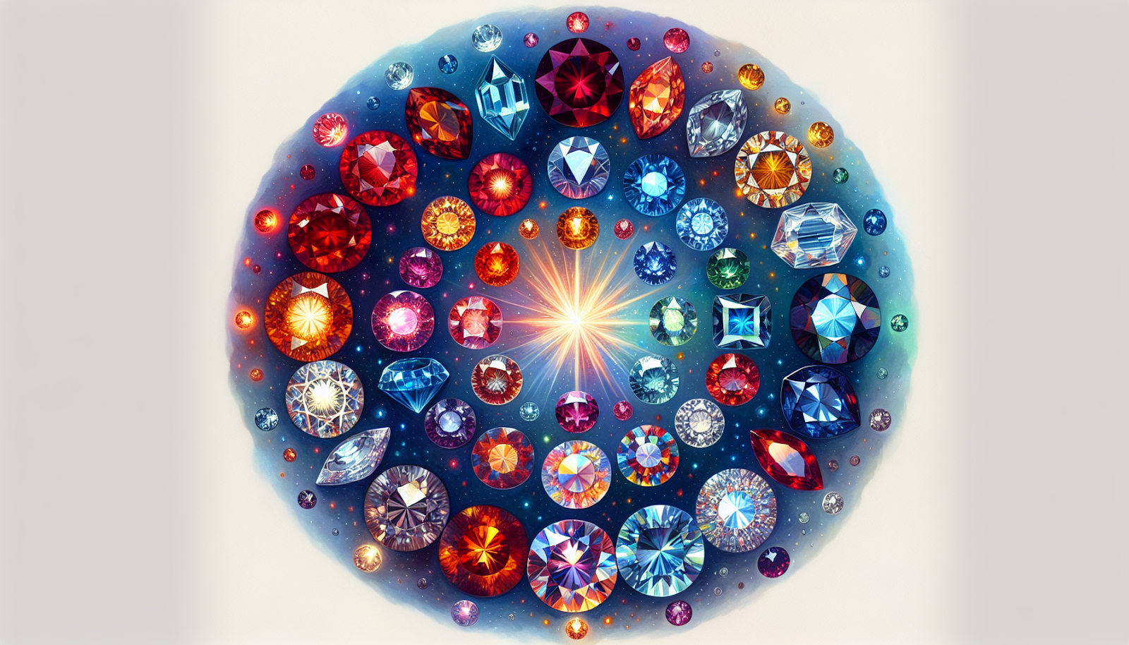 Various colorful birthstones arranged in a circular pattern