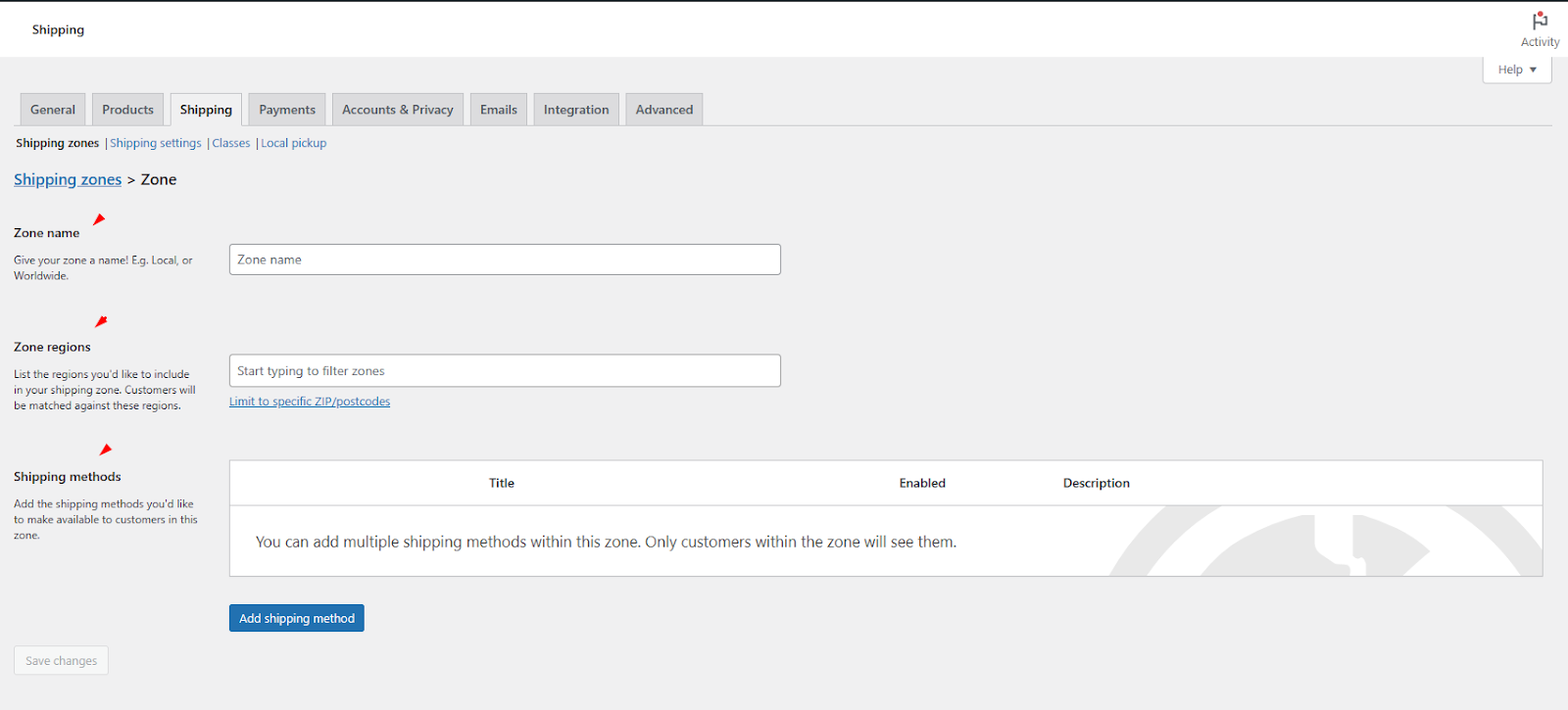 WooCommerce Shipping zone settings