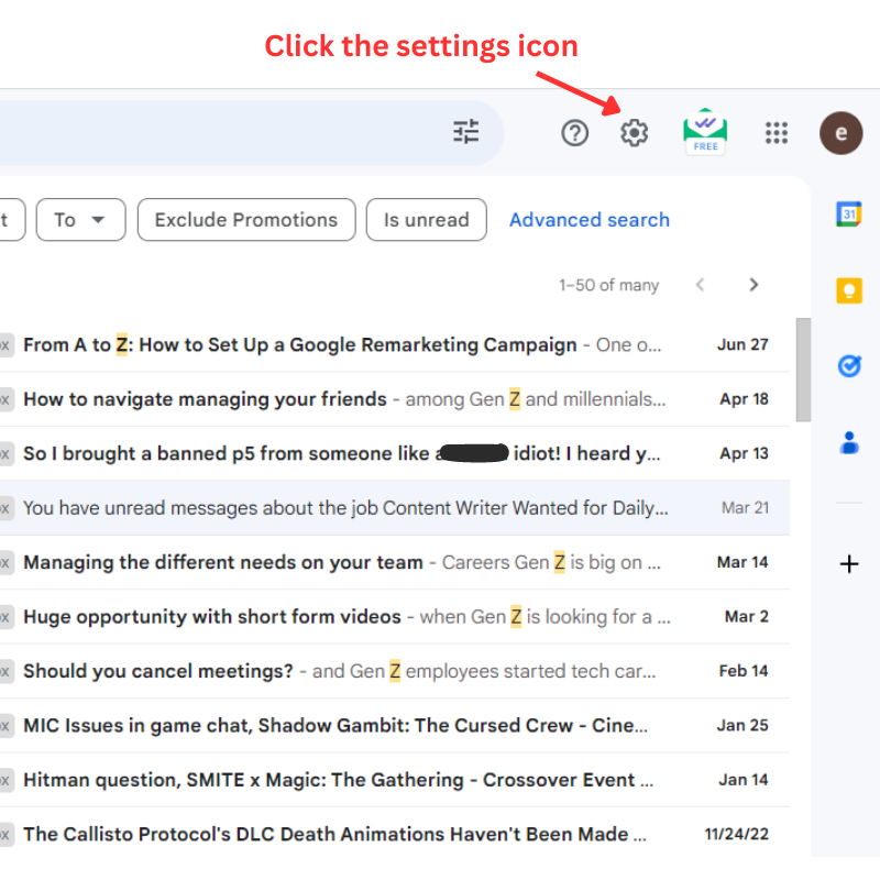 Click the setting icon in Gmail