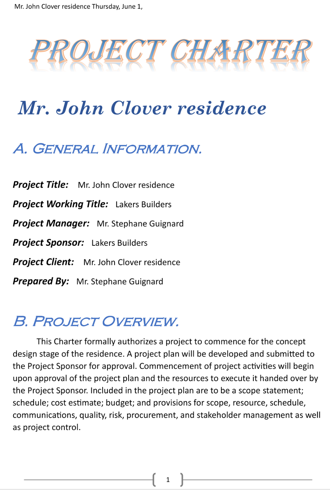 A residential building planning project charter
