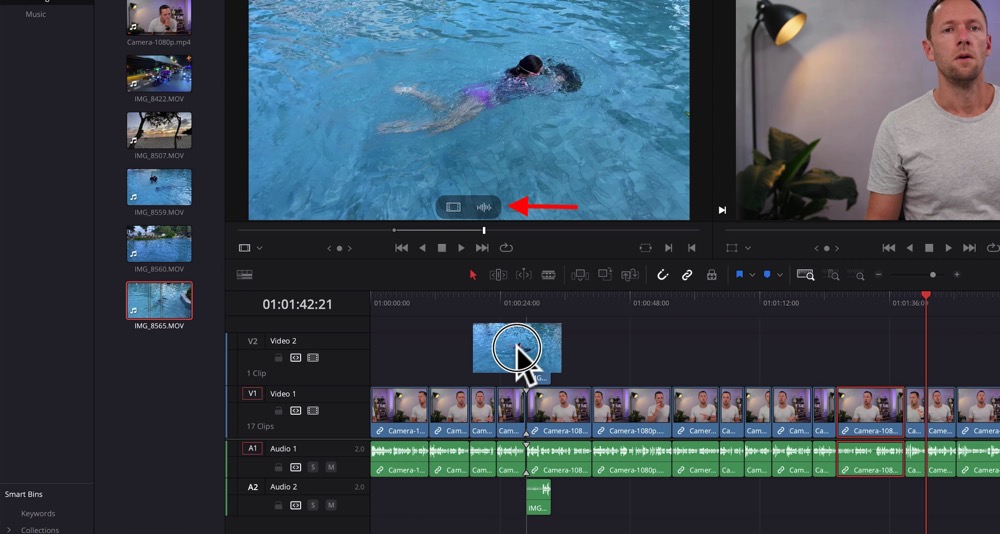 Mouse cursor dragging and dropping a secondary video file from DaVinci Resolve 18 Media Pool into the Editing Timeline