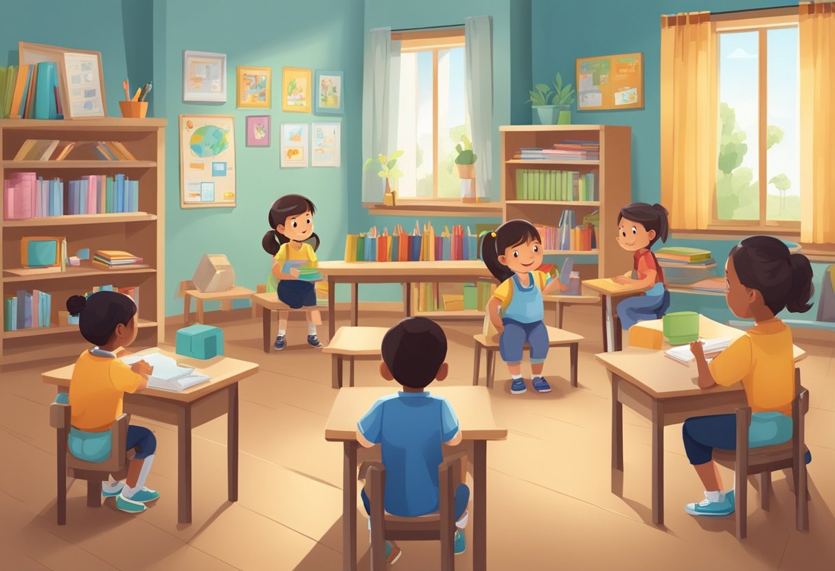 A classroom with child-sized furniture, open shelves with educational materials, a peaceful and organized environment, children engaged in self-directed activities, and a teacher acting as a guide and facilitator