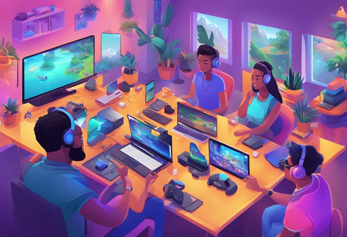 A vibrant virtual world with gaming consoles, PCs, and mobile devices surrounded by a diverse audience engaged in gameplay and interacting with gaming influencers